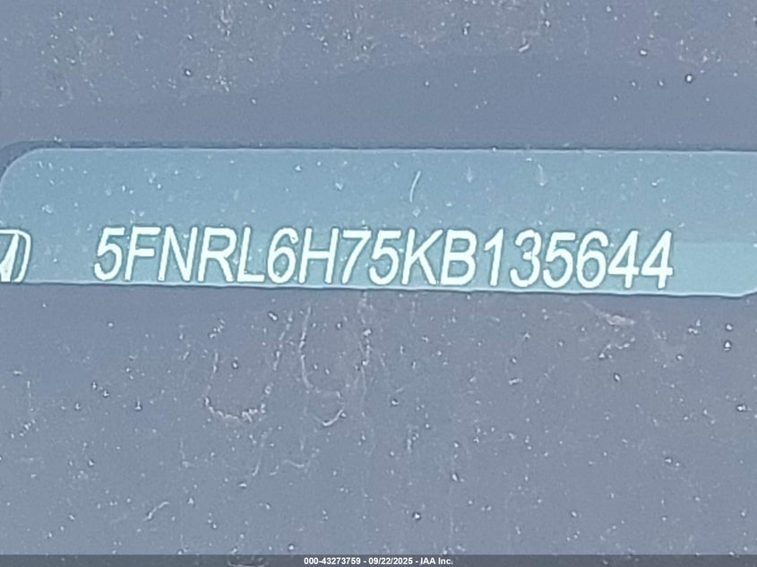 2019 Honda Odyssey Ex-L VIN: 5FNRL6H75KB135644 Lot: 43273759