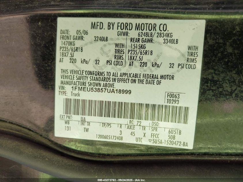 2007 Ford Explorer Sport Trac Limited VIN: 1FMEU53857UA18999 Lot: 43273763