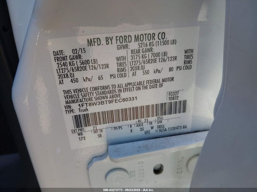 2015 Ford F-350 Lariat VIN: 1FT8W3BT9FEC80331 Lot: 43273773