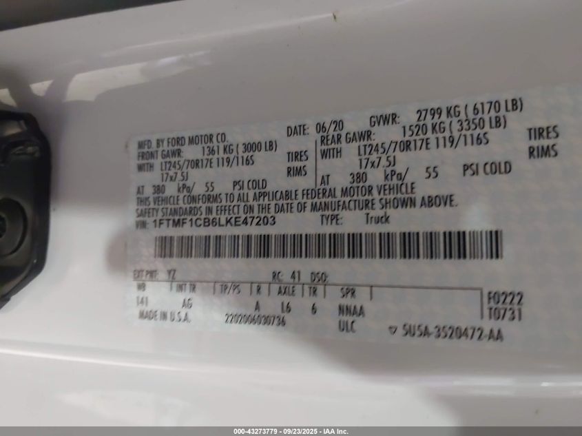 2020 Ford F-150 Xl VIN: 1FTMF1CB6LKE47203 Lot: 43273779