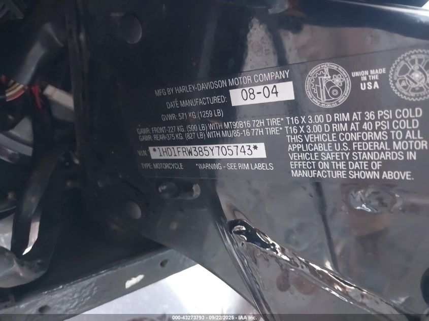 2005 Harley-Davidson Flhrci VIN: 1HD1FRW385Y705743 Lot: 43273793