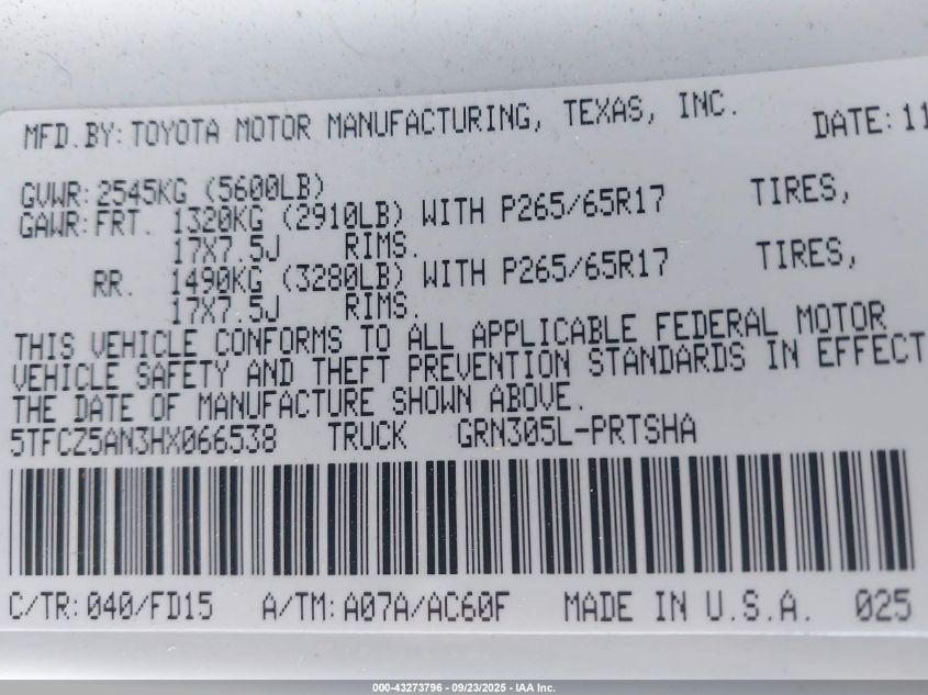 2017 Toyota Tacoma Trd Sport VIN: 5TFCZ5AN3HX066538 Lot: 43273796