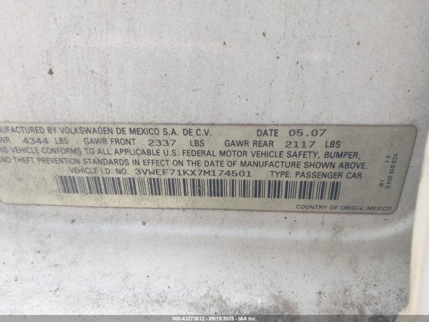 2007 Volkswagen Jetta Wolfsburg Edition VIN: 3VWEF71KX7M174501 Lot: 43273812
