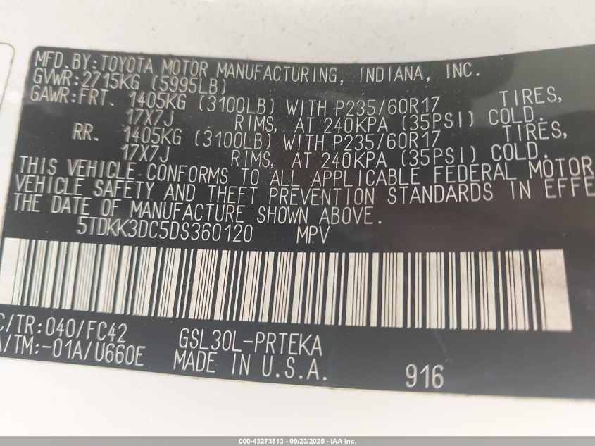 2013 Toyota Sienna Le V6 7 Passenger Auto Access Seat/Le V6 8 Passenger VIN: 5TDKK3DC5DS360120 Lot: 43273813