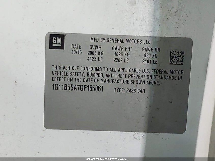 2016 Chevrolet Malibu Limited Ls VIN: 1G11B5SA7GF165061 Lot: 43273824