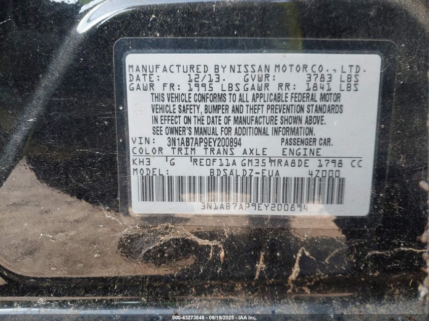 2014 Nissan Sentra Sv VIN: 3N1AB7AP9EY200894 Lot: 43273846