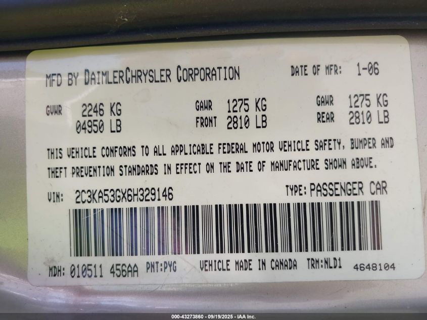2006 Chrysler 300 Touring VIN: 2C3KA53GX6H329146 Lot: 43273860
