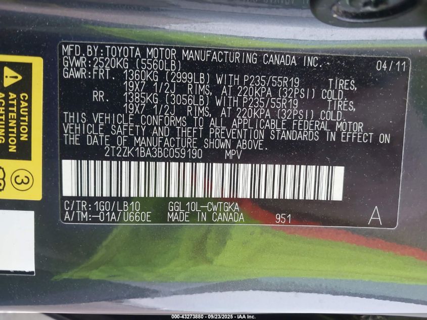 2011 Lexus Rx 350 VIN: 2T2ZK1BA3BC059190 Lot: 43273880