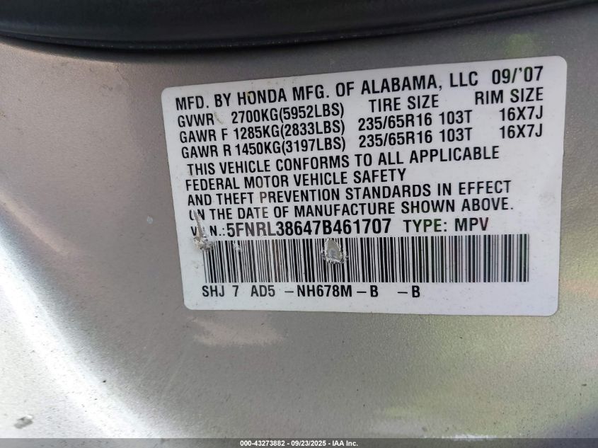 2007 Honda Odyssey Ex-L VIN: 5FNRL38647B461707 Lot: 43273882