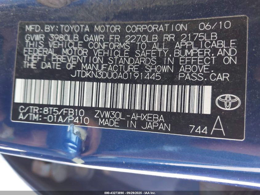 2010 Toyota Prius Ii VIN: JTDKN3DU0A0191445 Lot: 43273890