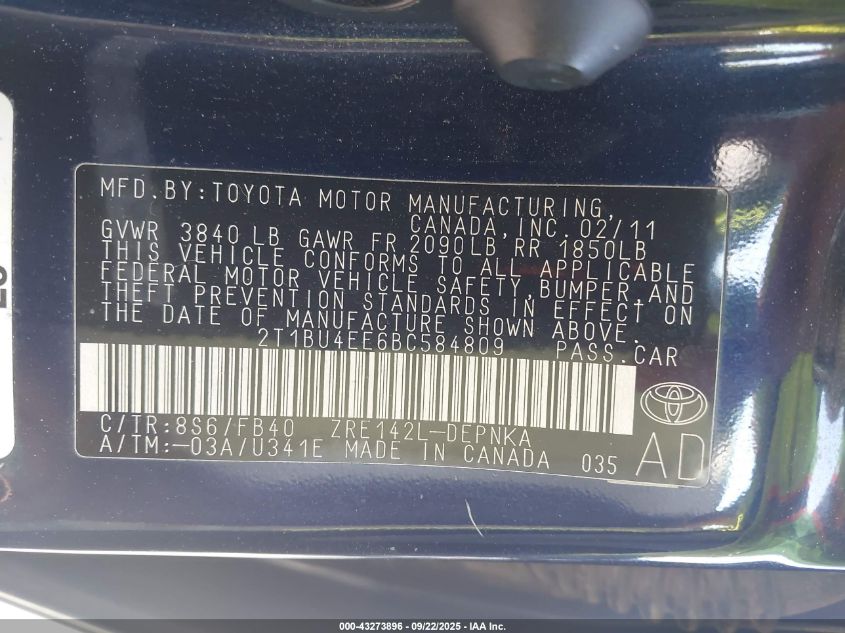 2011 Toyota Corolla Le VIN: 2T1BU4EE6BC584809 Lot: 43273896