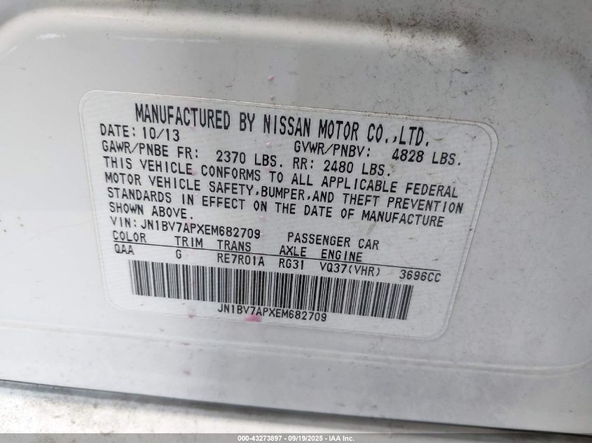 2014 Infiniti Q50 Premium VIN: JN1BV7APXEM682709 Lot: 43273897