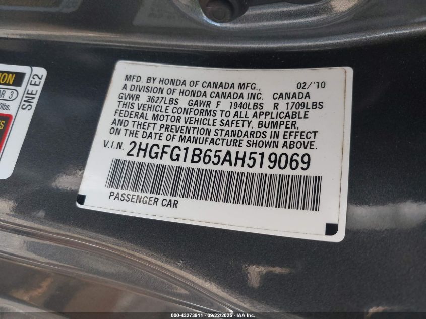 2010 Honda Civic Lx VIN: 2HGFG1B65AH519069 Lot: 43273911