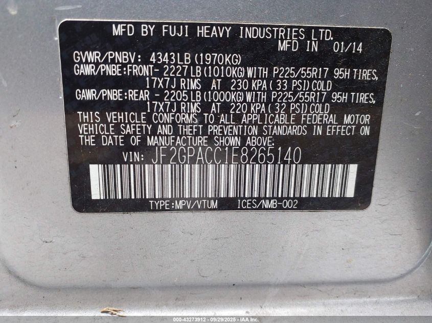 2014 Subaru Xv Crosstrek 2.0I Premium VIN: JF2GPACC1E8265140 Lot: 43273912