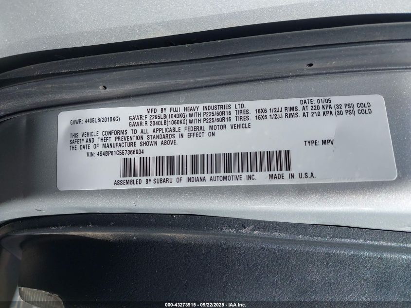 2005 Subaru Outback 2.5I VIN: 4S4BP61C557366904 Lot: 43273915