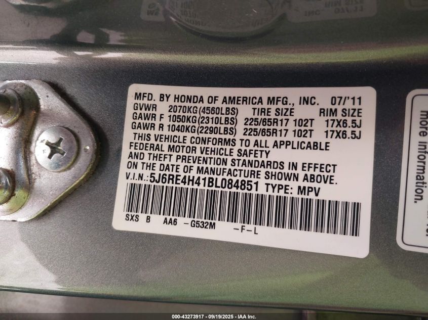 2011 Honda Cr-V Se VIN: 5J6RE4H41BL084851 Lot: 43273917