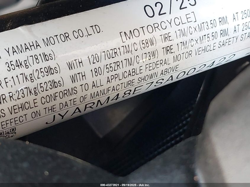 2025 Yamaha Mtn690 VIN: JYARM48E7SA002422 Lot: 43273921