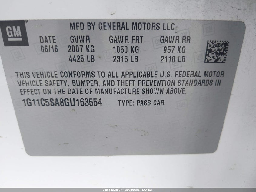 2016 Chevrolet Malibu Limited Lt VIN: 1G11C5SA8GU163554 Lot: 43273927