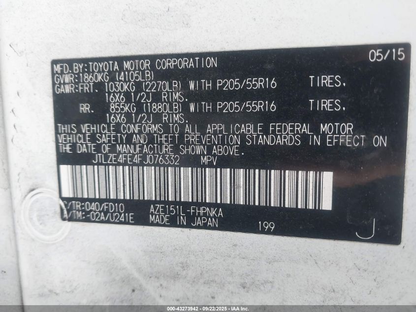 2015 Scion Xb VIN: JTLZE4FE4FJ076332 Lot: 43273942