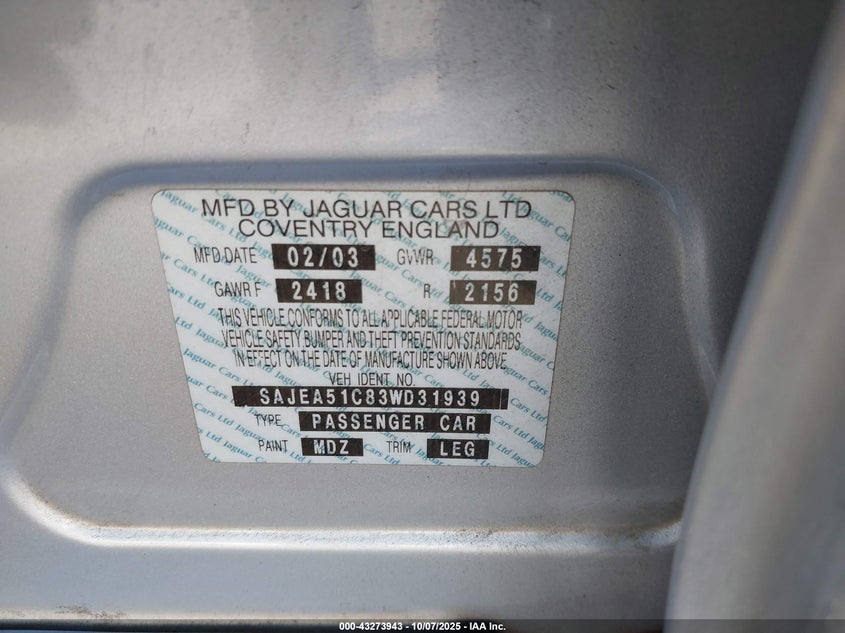 2003 Jaguar X-Type 3.0 VIN: SAJEA51C83WD31939 Lot: 43273943