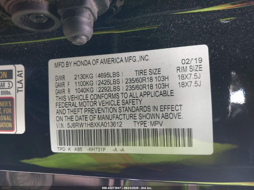 2019 Honda Cr-V Ex-L VIN: 5J6RW1H8XKA013612 Lot: 43273947