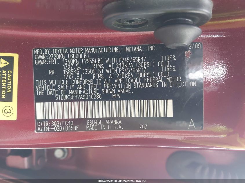 2010 Toyota Highlander Base V6 VIN: 5TDBK3EH2AS010286 Lot: 43273960