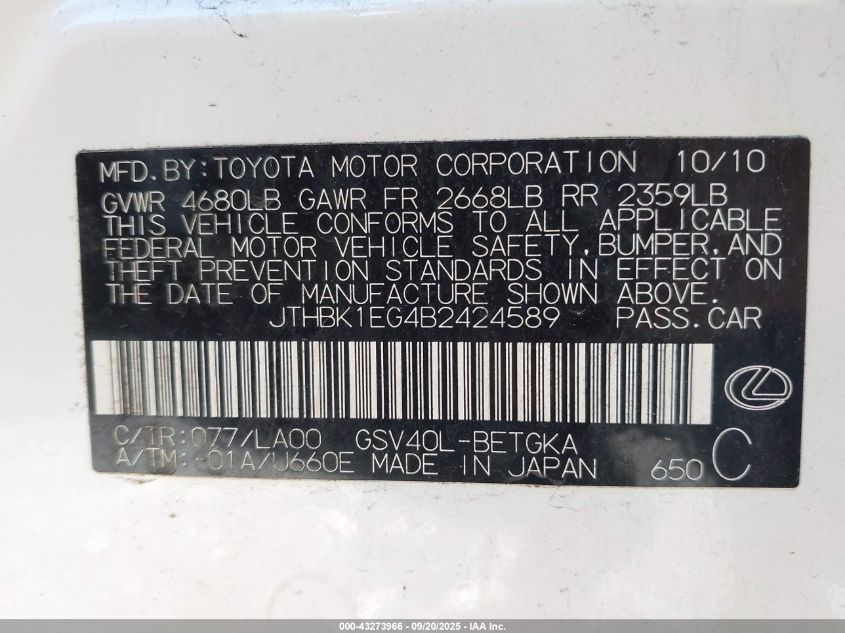 2011 Lexus Es 350 VIN: JTHBK1EG4B2424589 Lot: 43273966