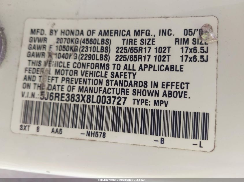 2008 Honda Cr-V Lx VIN: 5J6RE383X8L003727 Lot: 43273968