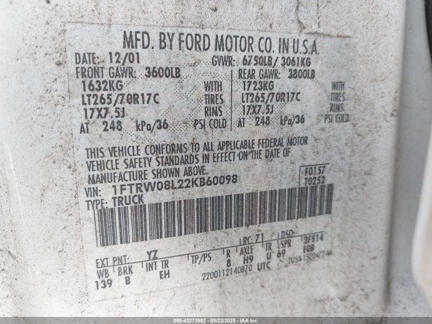 2002 Ford F-150 Lariat/Xlt VIN: 1FTRW08L22KB60098 Lot: 43273982
