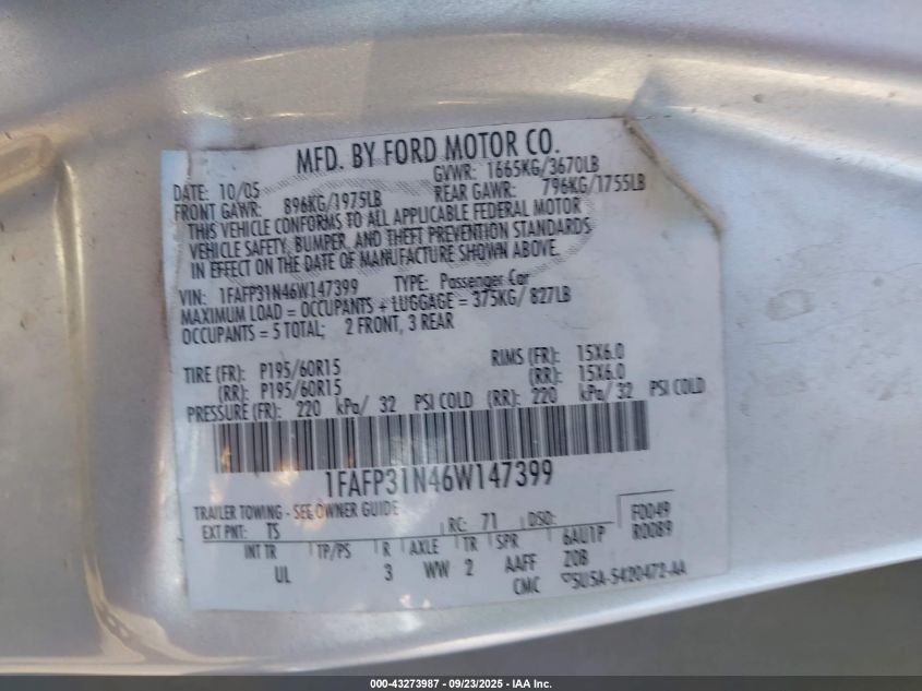 2006 Ford Focus Zx3 VIN: 1FAFP31N46W147399 Lot: 43273987