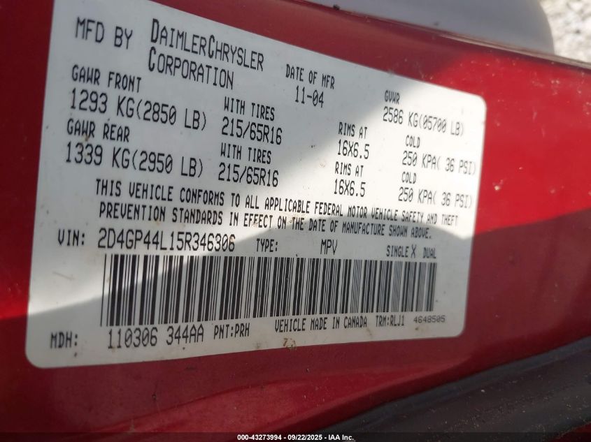 2005 Dodge Grand Caravan Sxt VIN: 2D4GP44L15R346306 Lot: 43273994