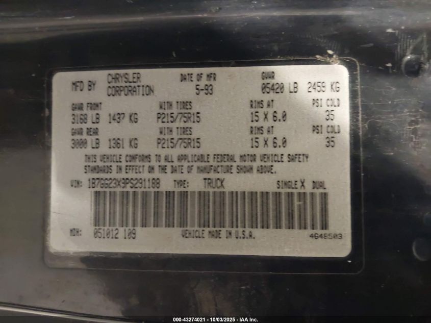 1993 Dodge Dakota VIN: 1B7GG23X9PS291188 Lot: 43274021