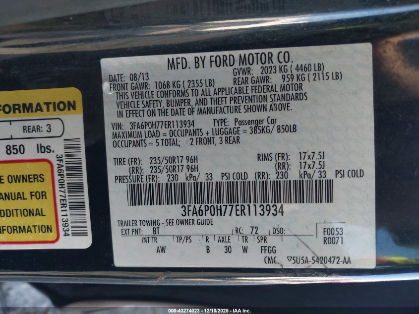 2014 Ford Fusion Se VIN: 3FA6P0H77ER113934 Lot: 43274023