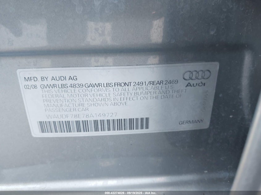 2008 Audi A4 2.0T/2.0T Special Edition VIN: WAUDF78E78A149727 Lot: 43274026