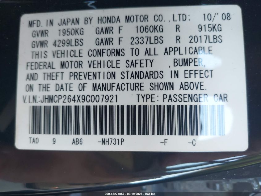 2009 Honda Accord 2.4 Lx-P VIN: JHMCP264X9C007921 Lot: 43274057