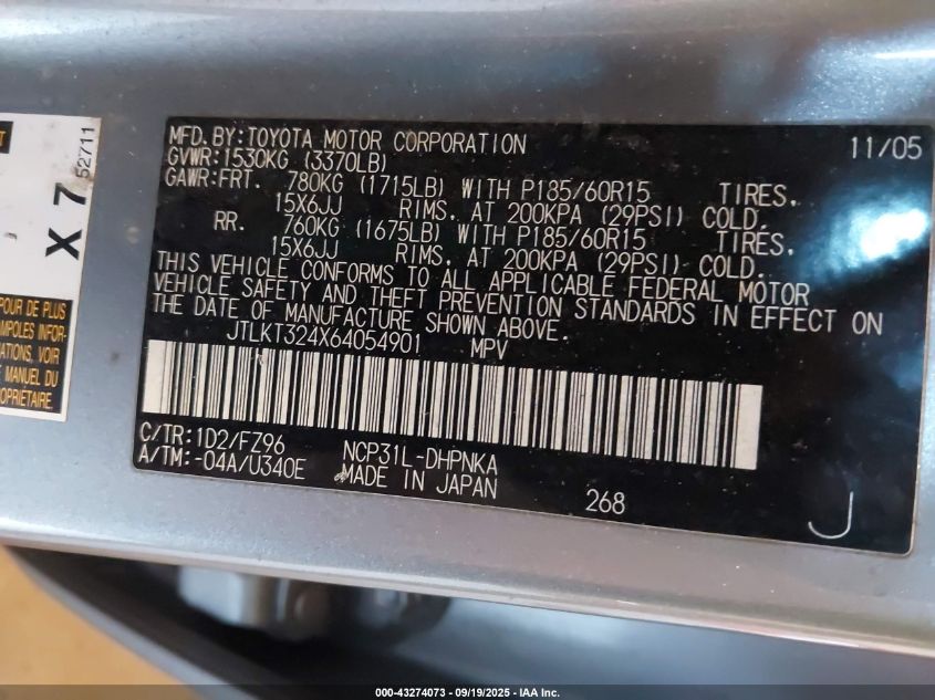 2006 Scion Xb VIN: JTLKT324X64054901 Lot: 43274073