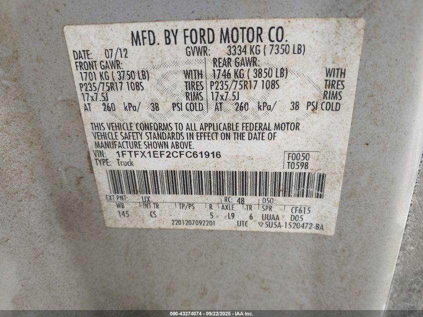2012 Ford F-150 Xl VIN: 1FTFX1EF2CFC61916 Lot: 43274074