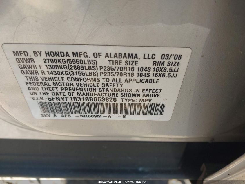 2008 Honda Pilot Se VIN: 5FNYF18318B053826 Lot: 43274079