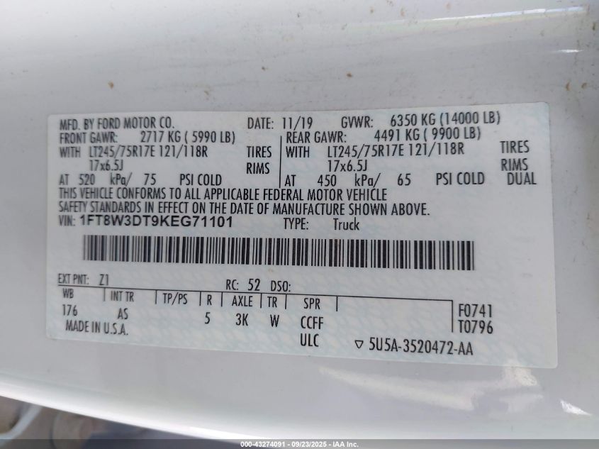 2019 Ford F-350 Xl VIN: 1FT8W3DT9KEG71101 Lot: 43274091