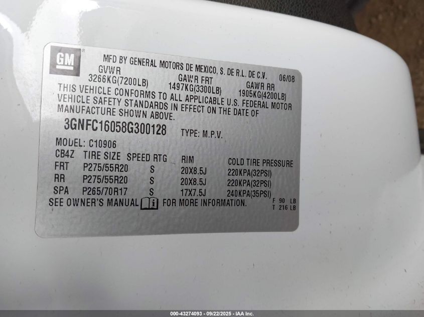 2008 Chevrolet Suburban 1500 Lt VIN: 3GNFC16058G300128 Lot: 43274093