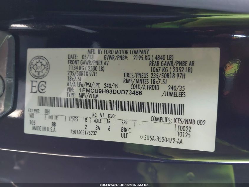 2013 Ford Escape Sel VIN: 1FMCU9H93DUD73486 Lot: 43274097