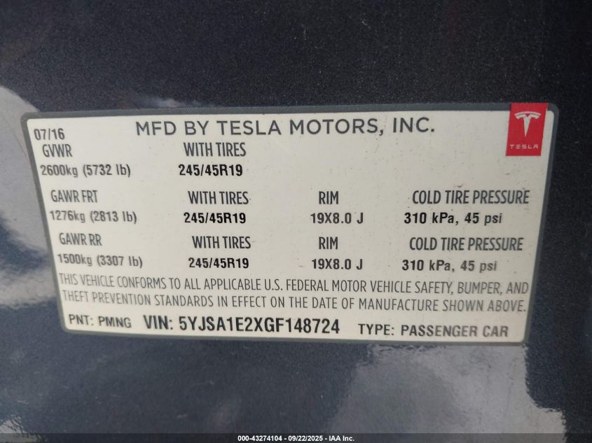 2016 Tesla Model S VIN: 5YJSA1E2XGF148724 Lot: 43274104