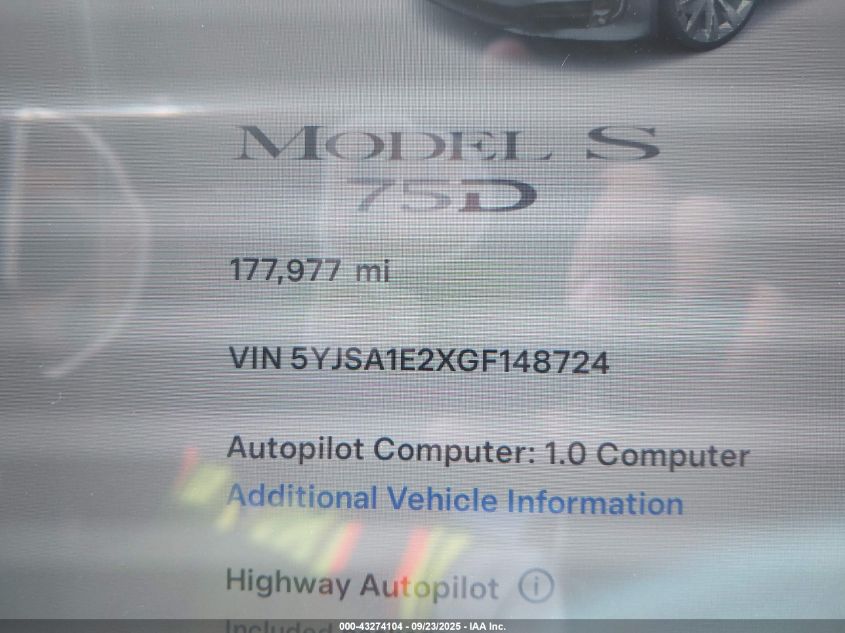 2016 Tesla Model S VIN: 5YJSA1E2XGF148724 Lot: 43274104