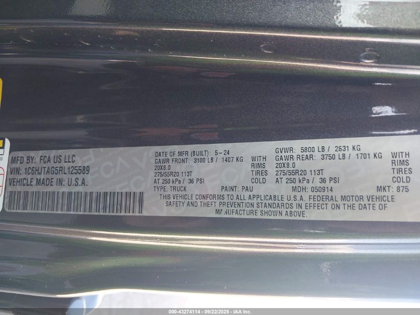 2024 Jeep Gladiator Nighthawk VIN: 1C6HJTAG5RL125589 Lot: 43274114