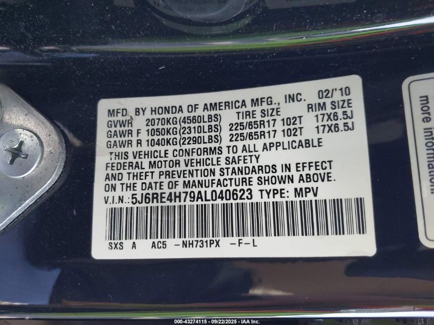 2010 Honda Cr-V Ex-L VIN: 5J6RE4H79AL040623 Lot: 43274115