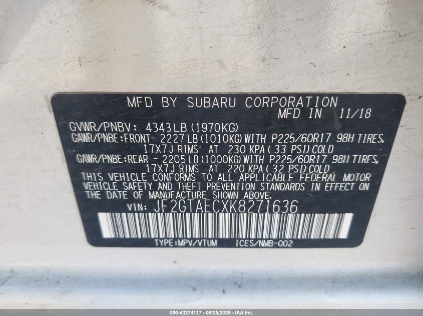 2019 Subaru Crosstrek 2.0I Premium VIN: JF2GTAECXK8271636 Lot: 43274117