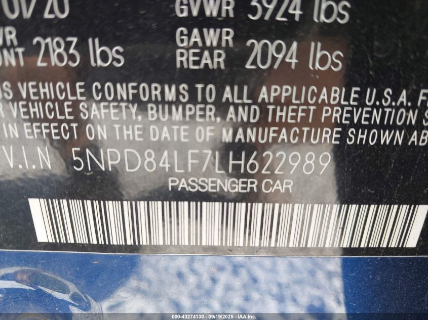 2020 Hyundai Elantra Value Edition VIN: 5NPD84LF7LH622989 Lot: 43274130