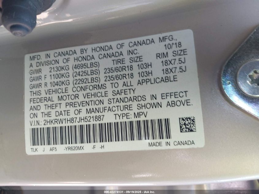 2018 Honda Cr-V Ex-L/Ex-L Navi VIN: 2HKRW1H87JH521887 Lot: 43274131