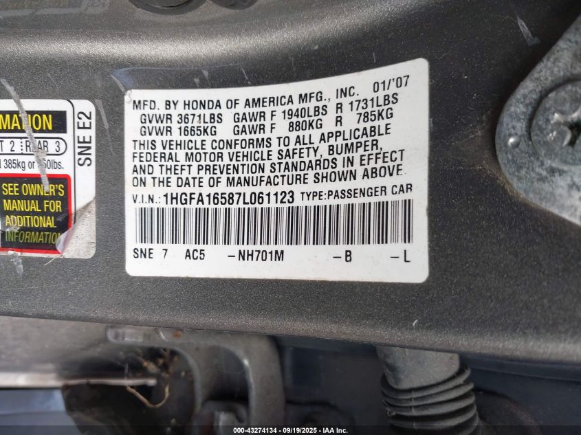 2007 Honda Civic Lx VIN: 1HGFA16587L061123 Lot: 43274134