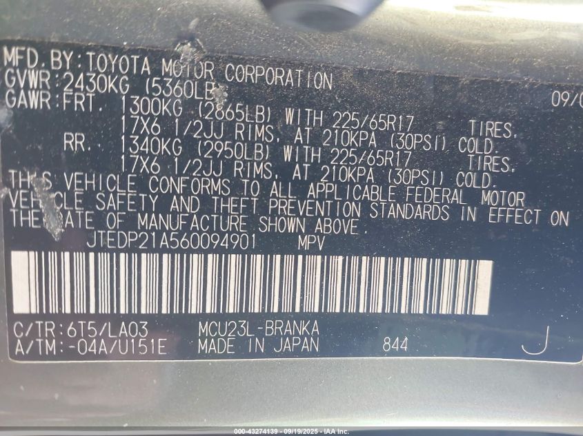 2006 Toyota Highlander Limited V6 VIN: JTEDP21A560094901 Lot: 43274139